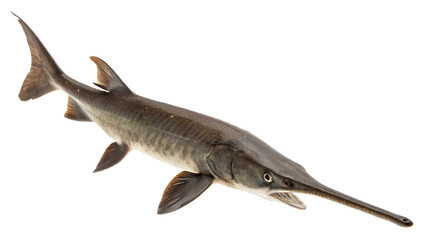 A paddlefish with an elongated snout and sleek body isolated on a white background, showcasing its unique features and freshwater habitat