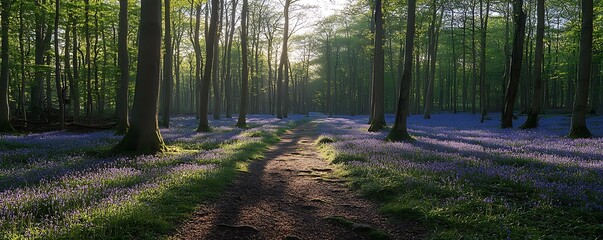 Fototapeta premium Sunlight filters in, illuminating the forest floor with beautiful bluebells and a winding dirt path