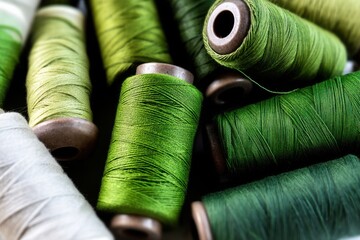Collection of green sewing threads arranged artistically on a crafting table highlighting various shades and materials