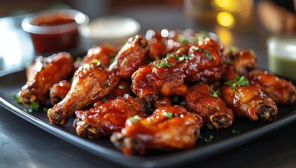 Delicious BBQ Chicken Wings Platter: A mouthwatering feast of perfectly cooked and glazed chicken wings, garnished with fresh herbs. Perfect for game day or any occasion!