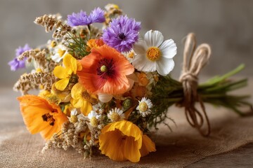 Colorful wildflower bouquet arranged with a ribbon on rustic burlap background in warm lighting
