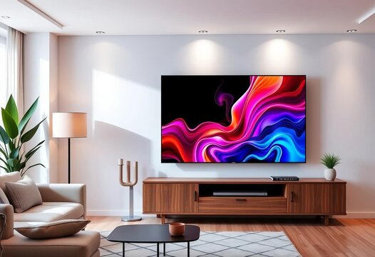Modern living room, bright decor, large blank TV screen on cabinet ready for mockup,  sofa,  colorful decor