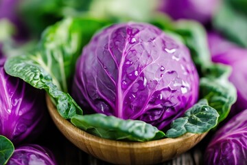 Obraz premium Freshly harvested purple cabbage resting on a wooden bowl surrounded by green leaves in a bright kitchen setting