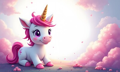 Fototapeta premium Sweet Cartoon Unicorn with Pink Hair Sitting in Romantic Scene with Copy Space