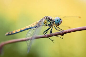Dragonfly resting on a thin branch with vibrant background in a natural setting during daylight hours
