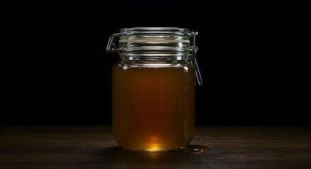 Glass Jar of Golden Honey on Dark Background with Smooth Texture