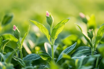 Obraz premium Close-up of delicate, budding plants in vibrant green