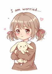 Anime-style illustration portraying a concerned young girl embracing her plush toy, evoking feelings of anxiety and vulnerability amid surrounding heart motifs expressing affection