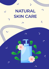 Flyer design with skincare products organic cosmetics, beauty products. For beauty, spa, wellness, natural products, cosmetics, body care. Vector illustration for poster, banner, advertising, flyer.