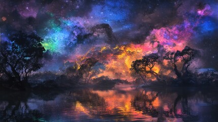 Fototapeta premium Cosmic Nightscape: Enchanting Lake Reflection Under a Vibrant Nebula
