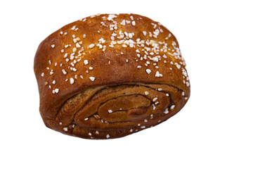 Fresh cinnamon roll pastry with pearl sugar isolated on white background, traditional sweet baked good
