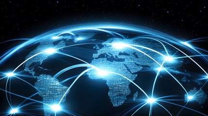 Obraz premium Global network interconnected with glowing lines across the planet.