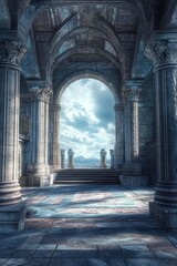 Fototapeta premium Ancient stone archway with mountain vista