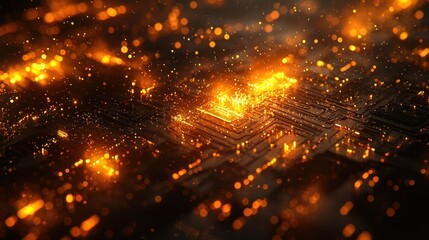 Obraz premium Lit circuit Golden glowing digital pattern close-up view