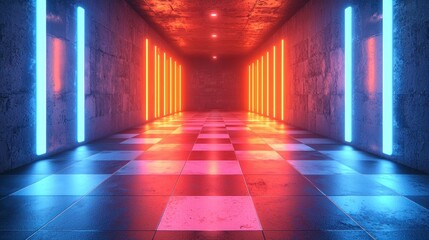 Fototapeta premium Lit hallway with blue and red neon lights, tiled floor