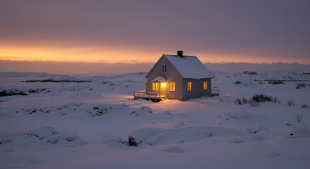 Cozy Winter Cabin in Snowy Landscape: Iceland Winter Scene