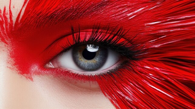 Fiery Gaze: A Close-Up of an Eye Adorned with Crimson Feathers
