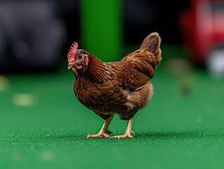 Close-up view of a brown hen on a green surface.