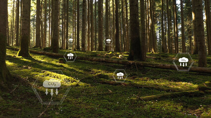 Beautiful inside mossy forest with carbon dioxide icons.