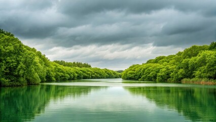 Obraz premium Serene river landscape with lush green trees and overcast sky reflection