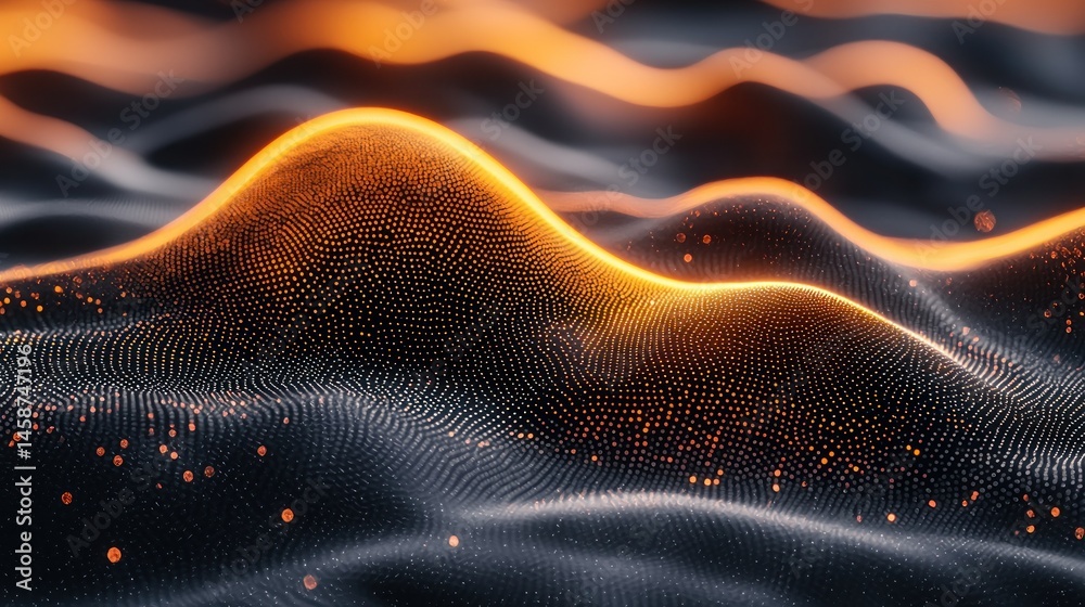 Poster luminous, flowing particle wave surface, dark background