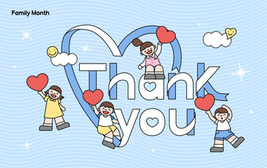 '땡큐'타이포그라피 주변에서 뛰어놀고 있는 아이들 이미지.