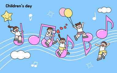어린이날, 어린이들이 음표 위에서 즐거워하는 이미지.