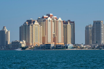 Naklejka premium Beautiful view of Pearl Qatar viva bahriya and Porto Arabia apartment buildings
