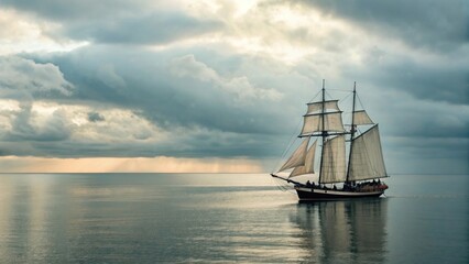 Obraz premium Tall ship sailing on calm water beneath dramatic cloudy sky at sunset