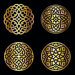 Obraz premium Celtic Style Round Golden Ornaments Vector Set on Black Background Collection for Luxury Design Projects Packaging Logos and Branding