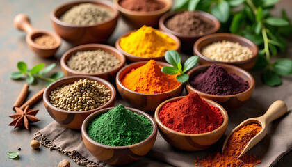  Colorful Array of Indian Spices in Wooden Bowls