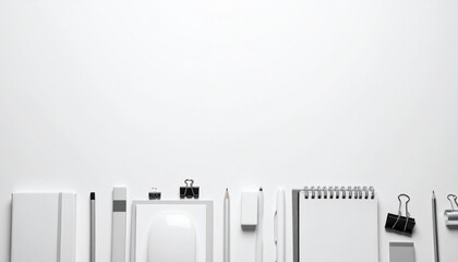 White background with various stationary items arranged as a border along the bottom, creating a clean and minimalistic workspace theme.	
