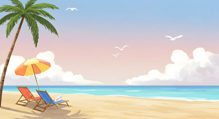 Obraz premium Tranquil Tropical Beach Scene with Sun Loungers and Umbrella
