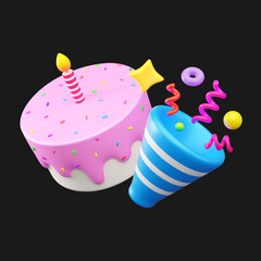 Cartoon flying birthday cake with candles and confetti ribbons and design elements, 3d vector illustration.
