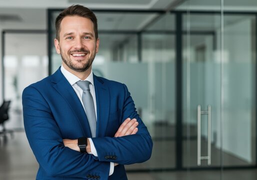 Portrait of smiling man in blue suit with arms crossed standing in a modern office setting indoors - Powered by Adobe