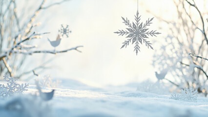 Fototapeta premium Winter wonderland scene featuring snowflakes and birds on snowy branches set in a snowy landscape with a bright sunlight