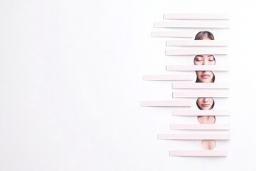 Abstract composition of multiple female faces concealed by strips.