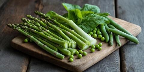 A wooden cutting board with green vegetables on it. The vegetables include asparagus, peas, and green beans