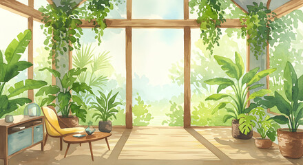 Fototapeta premium Bright and Airy Interior Space with Lush Green Plants and Light