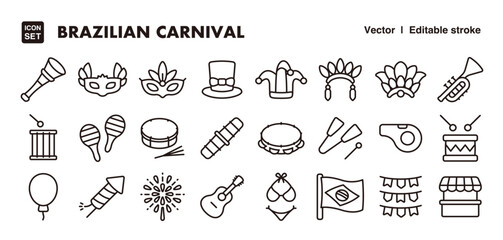 Brazilian carnival line icon set. Vector editable stroke icon.