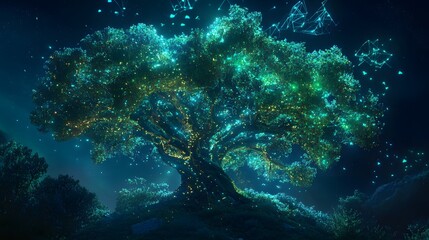 Obraz premium Enchanted luminous tree glowing in the night.