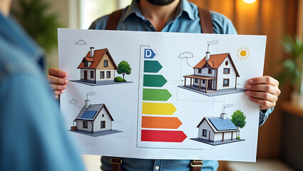 Energy Efficiency Expert Presenting Home Energy Ratings with Colorful Chart and House Illustrations Indoors