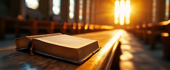Open book resting in a place of worship bathed in the glow of sunlight
