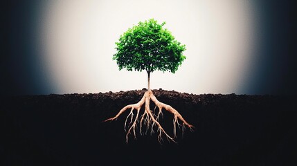 Solitary tree with extensive roots in dark earth.