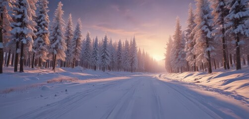 Obraz premium winding road through snow-laden trees, sunrise paints sky, stars gleam , dark, stars, beautiful