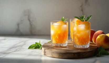 Fototapeta premium Refreshing peach iced drinks on a wooden platter. Three glasses filled with iced peach juice, garnished with mint leaves