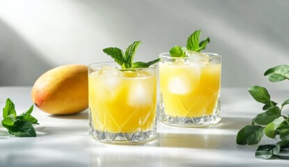 Fototapeta premium Two glasses of mango-flavored drink with ice and mint