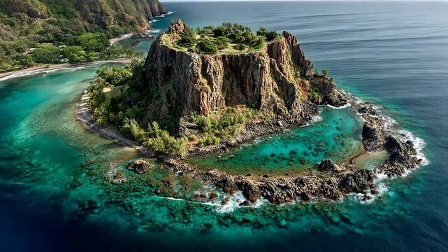 Aerial view of a lush island surrounded by turquoise waters