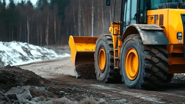 Close-up of hydraulic cylinders and heavy bucket of yellow front loader. Precision detail of equipment used for large-scale construction projects