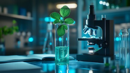 A laboratory scene with a plant in a test tube.